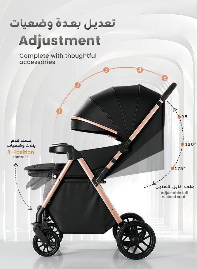 Aurlar Reversible High Landscape Baby Stroller, Portable, Lightweight Infant Pushchair, One-Click Fold, 360° Shock-Absorbing Wheels, UPF 50+ Sun Canopy, Multi-Position Recline, Cabin-Friendly, For Newborn to 6 Years, Black - Image 4